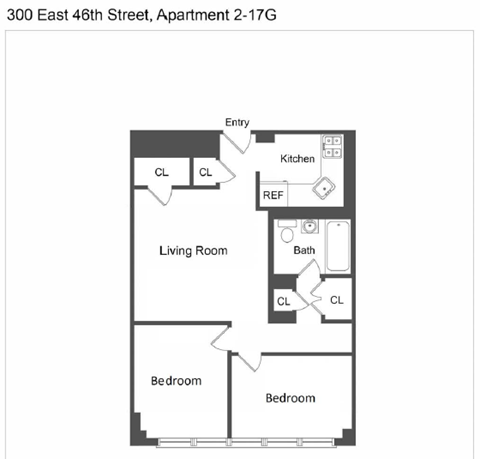 Floor plan for 2 beds, 1 bath, 532 sqft